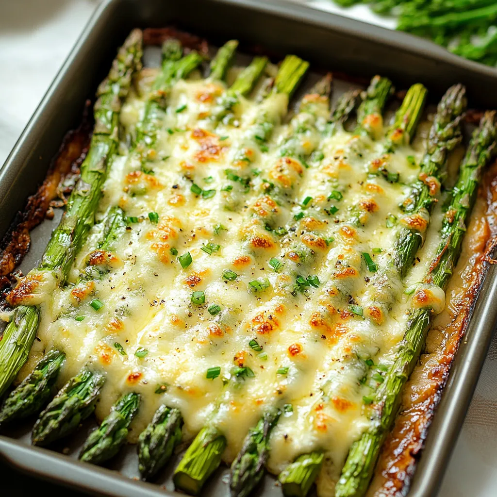 Una sartén con espárragos y queso.