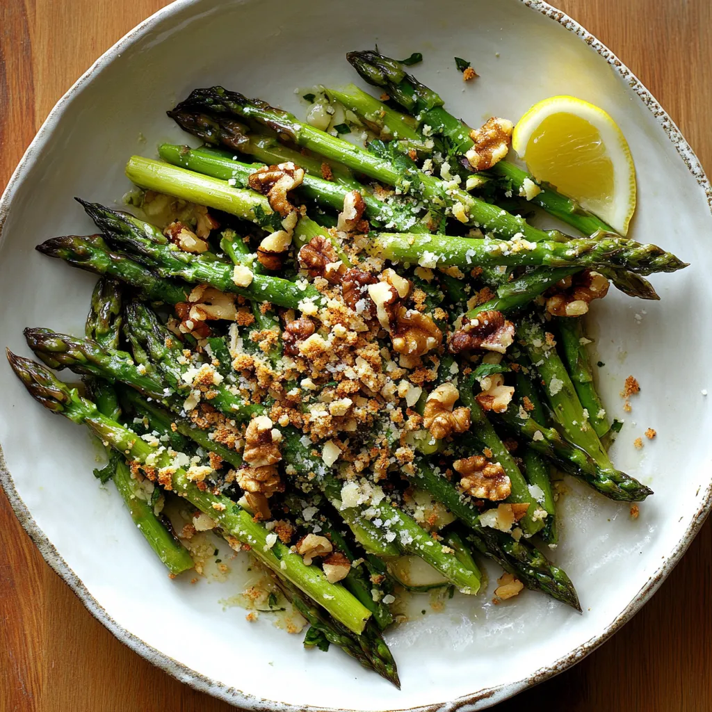 Un plato con espárragos y nueces.