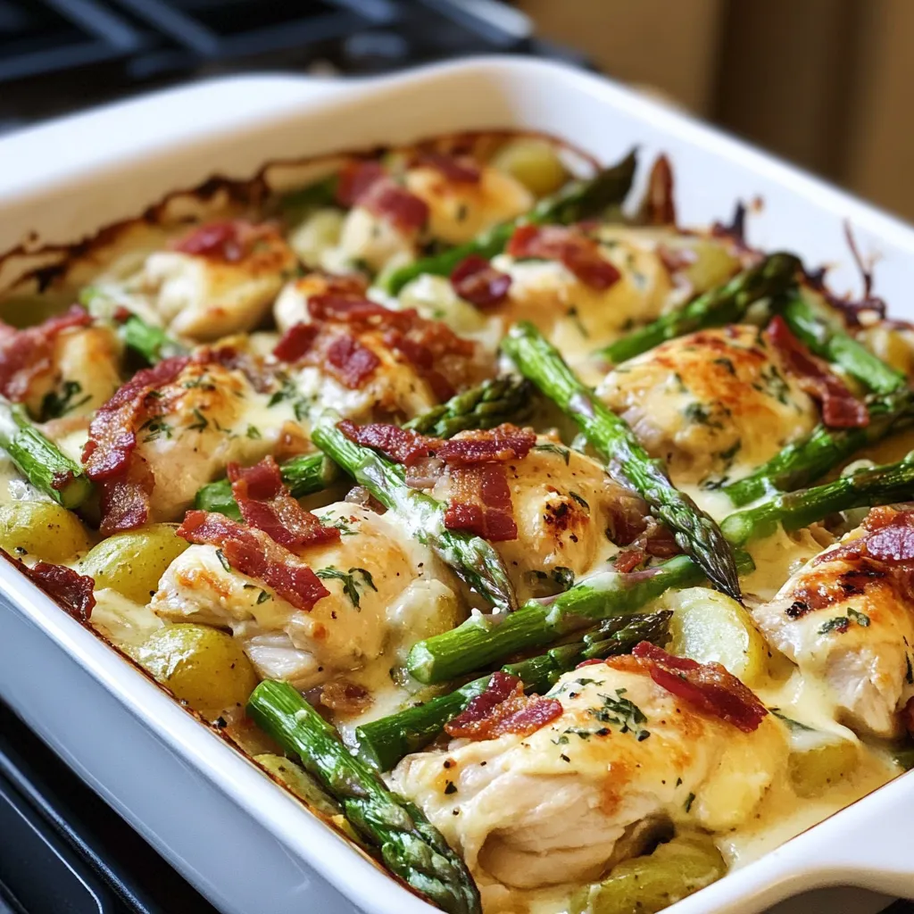 Un platillo con pollo y espárragos.