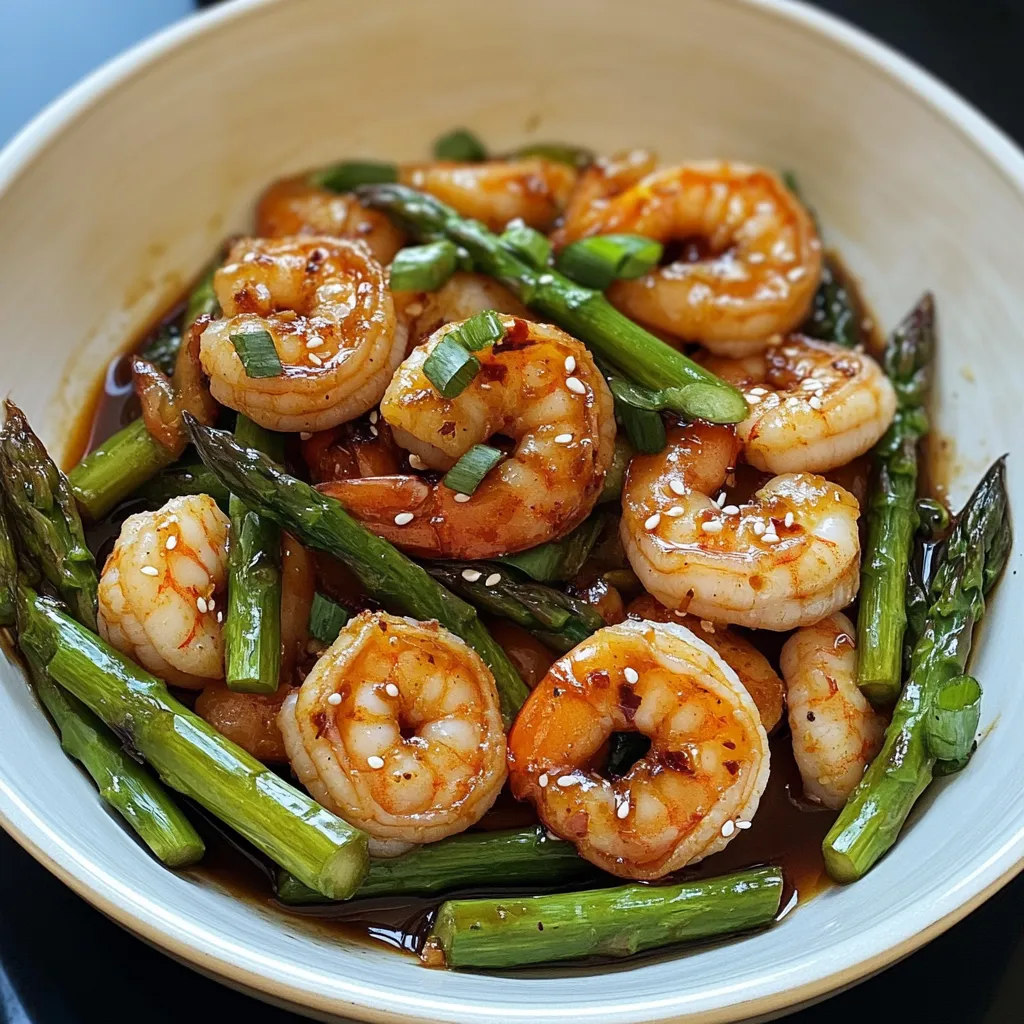 Un plato con camarones y espárragos.