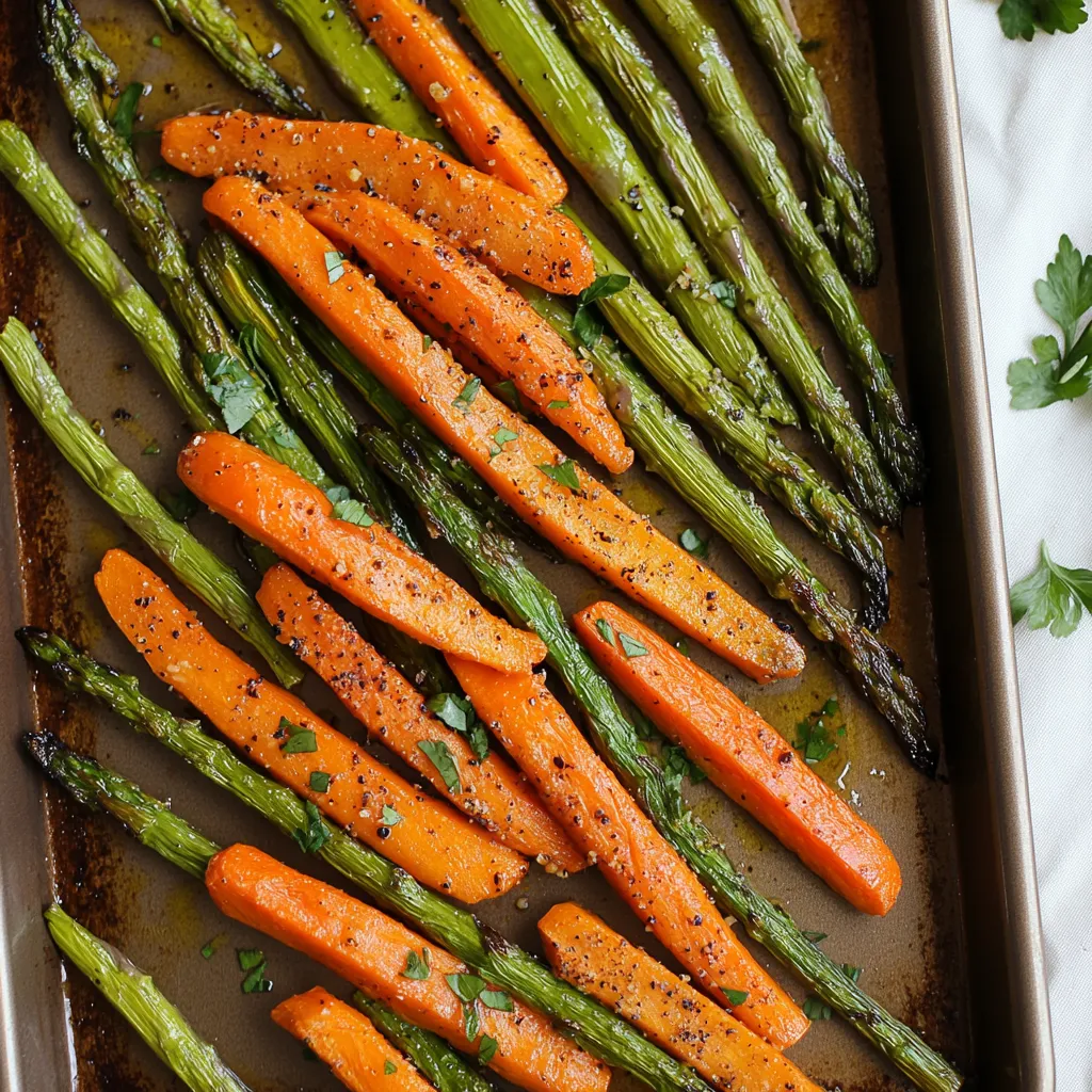 Una bandeja de zanahorias y espárragos.