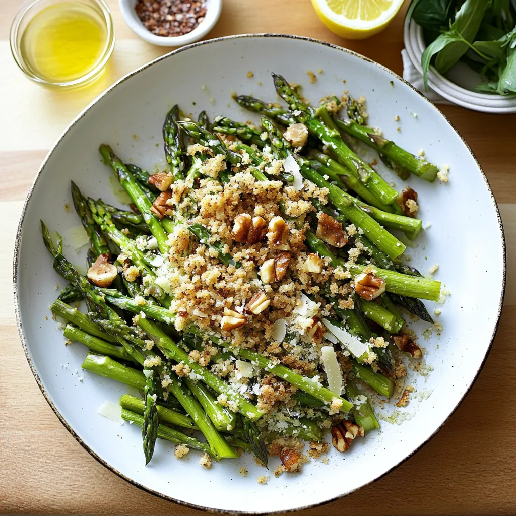 Un plato con espárragos y almendras.