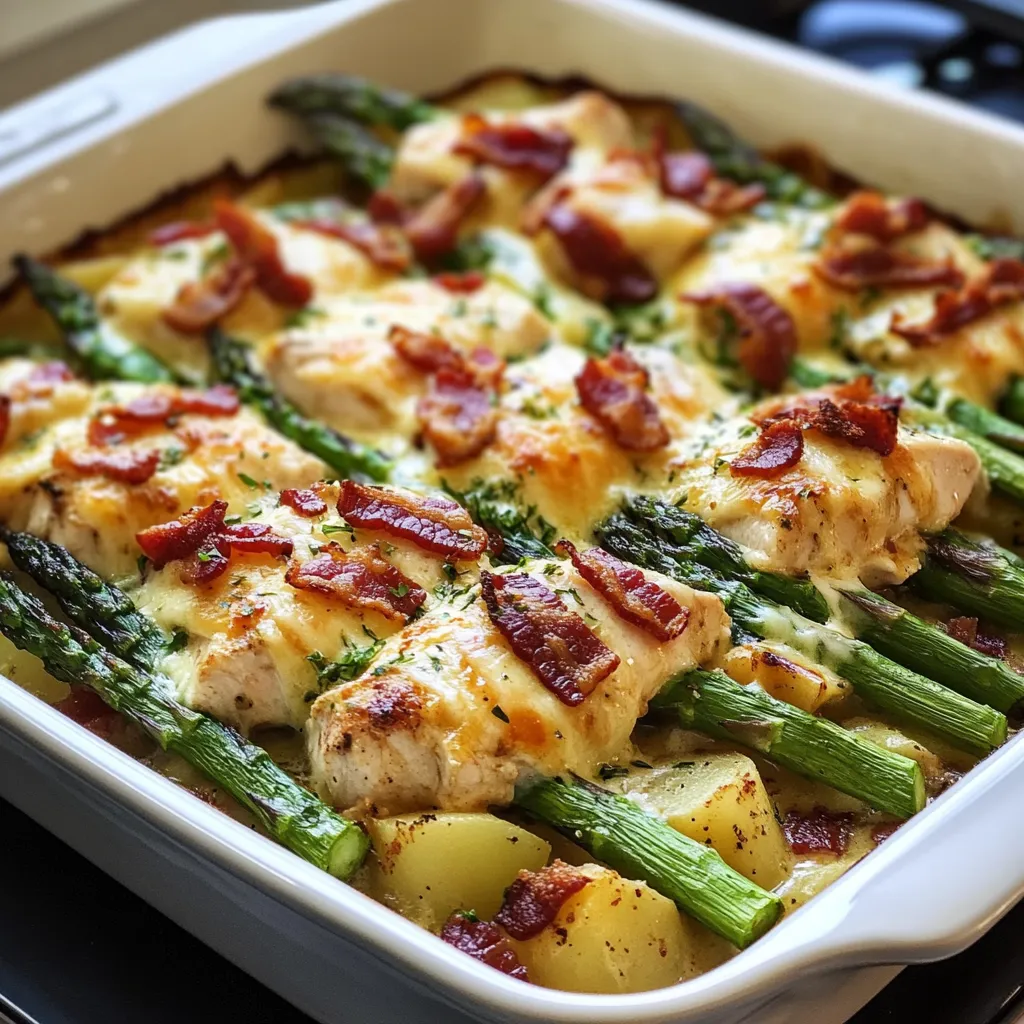 Un plato de pollo con espárragos.