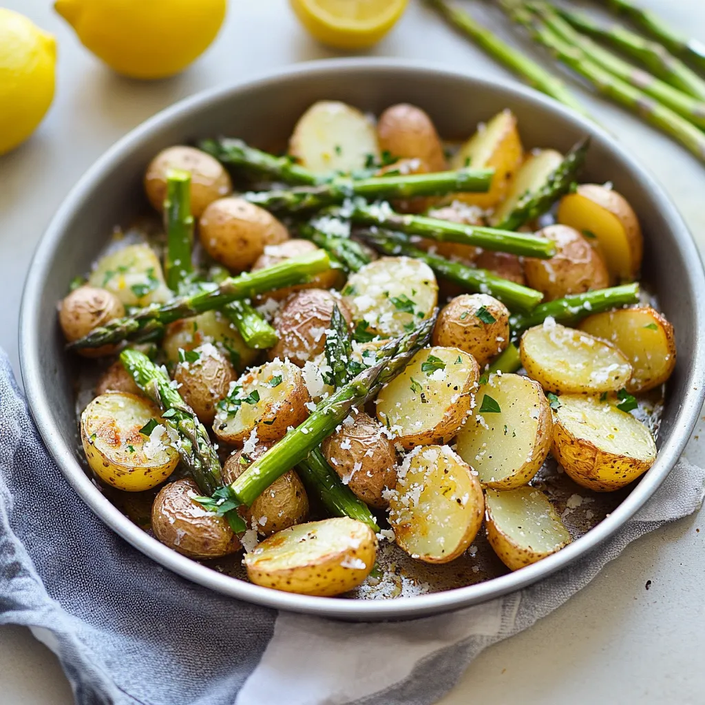 Un bol de comida con patatas, espárragos y limón.