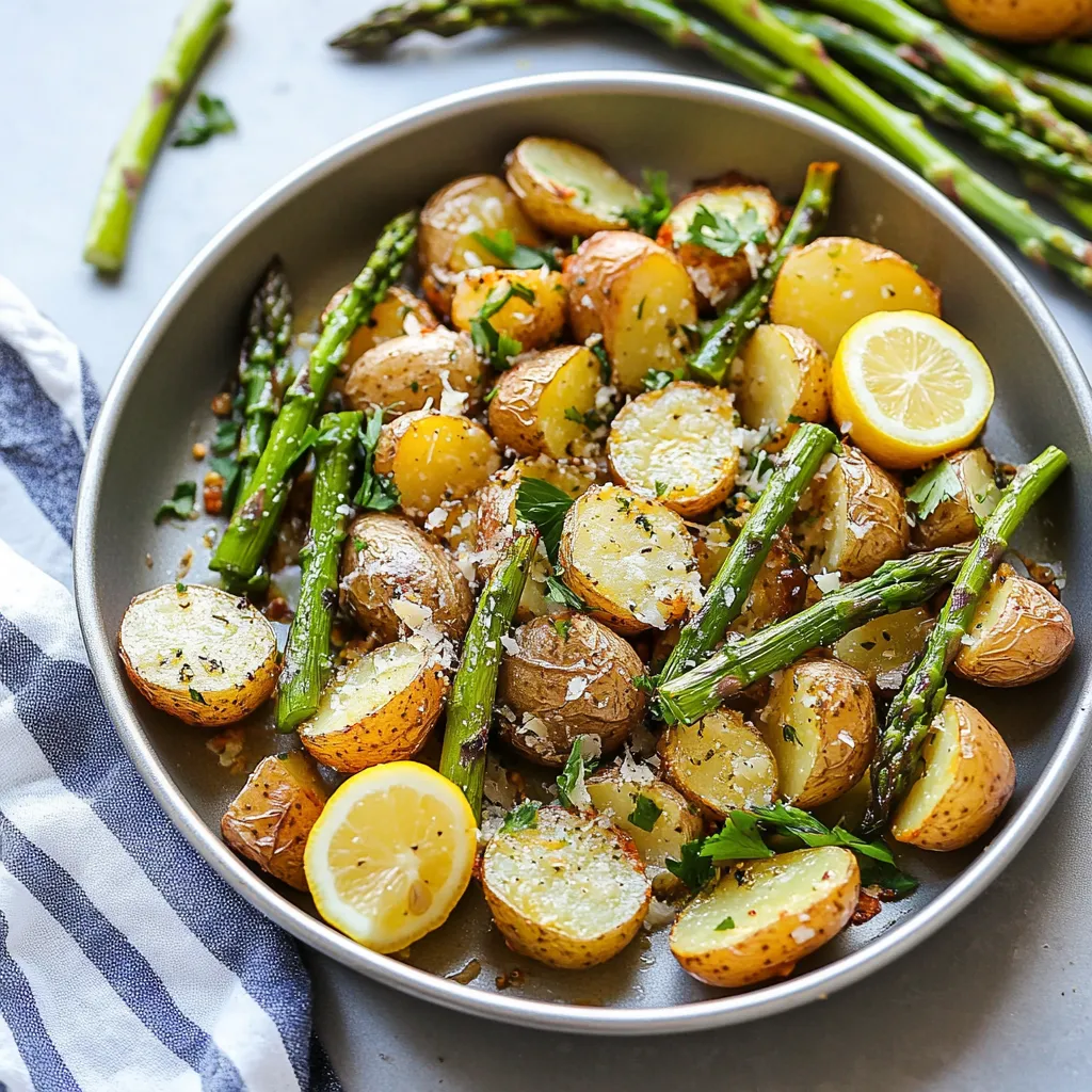 Un plato con patatas, espárragos y rodajas de limón.