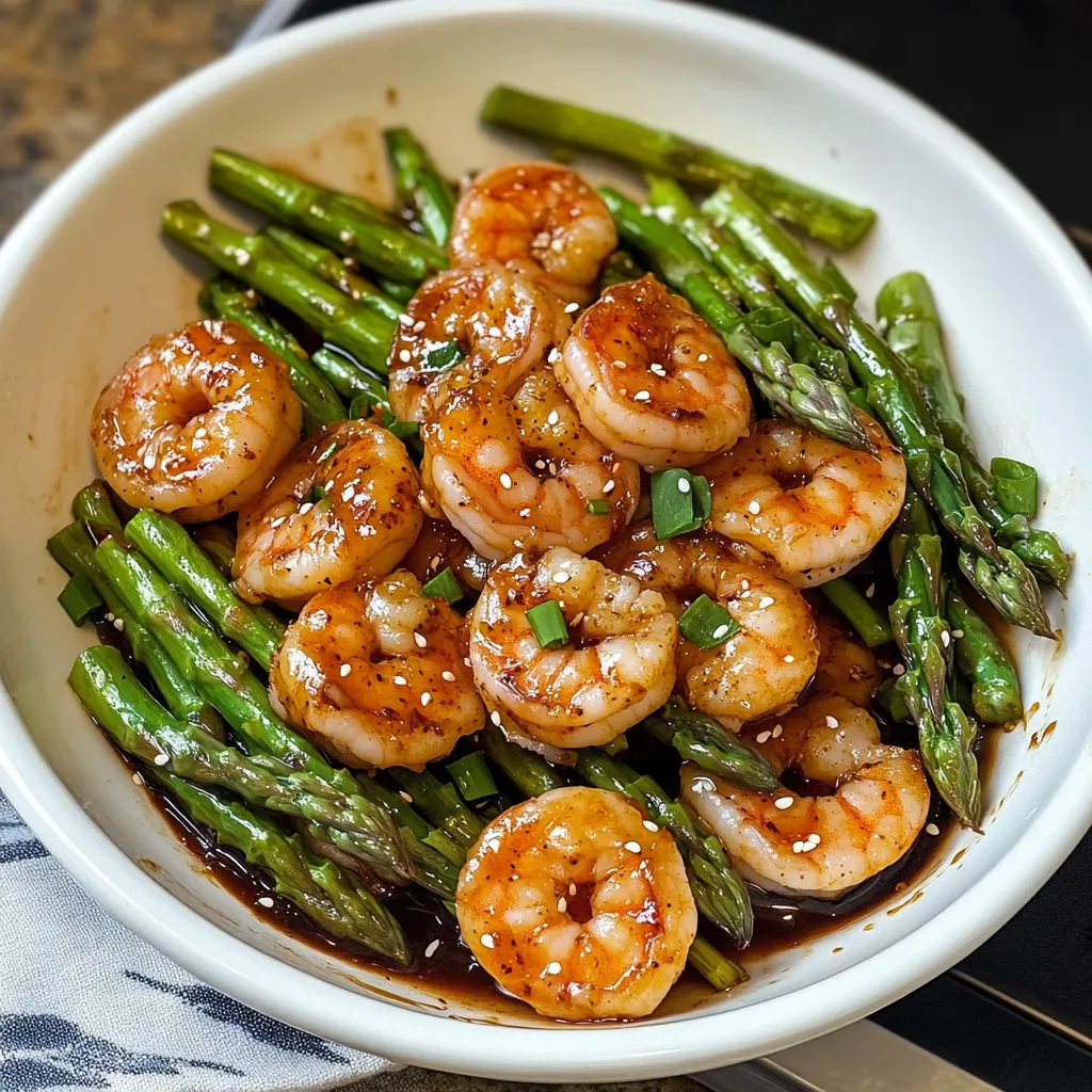 Un plato de camarones con espárragos.
