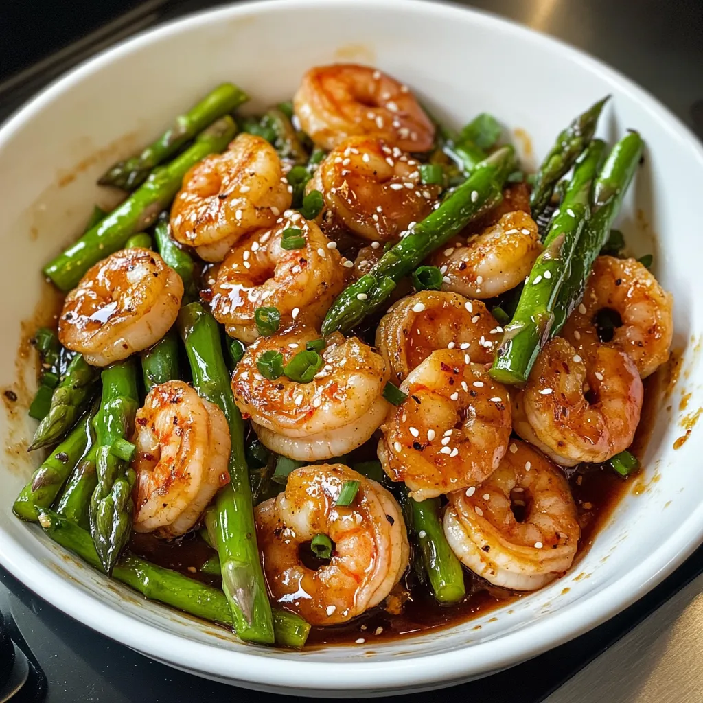 Un plato de camarones con espárragos.