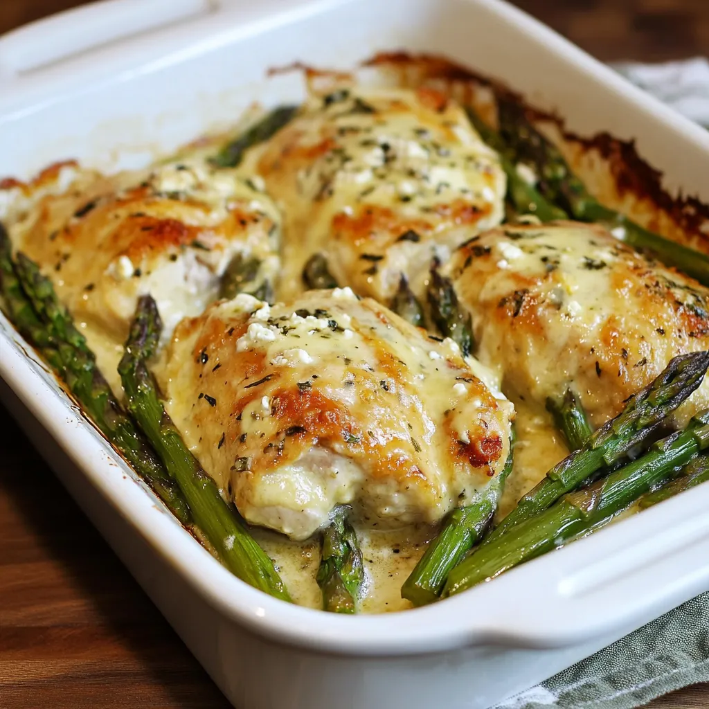 Un plato blanco con pollo y espárragos.