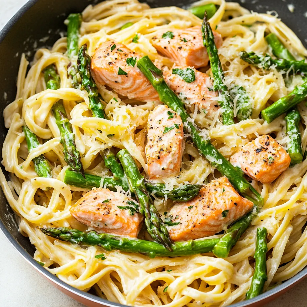 Un plato de pasta con salmón y espárragos.
