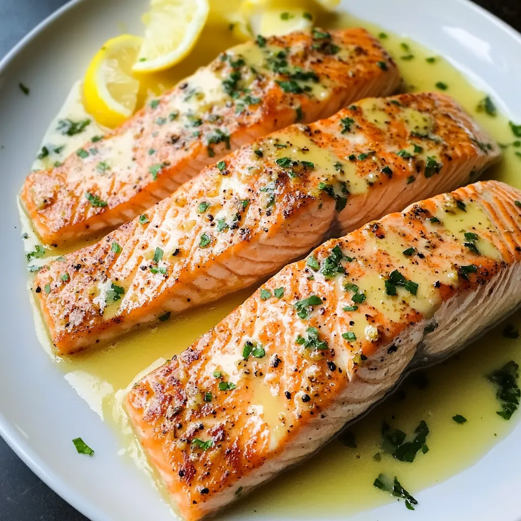 Dos filetes de salmon con rodajas de limón y hierbas sobre un plato.