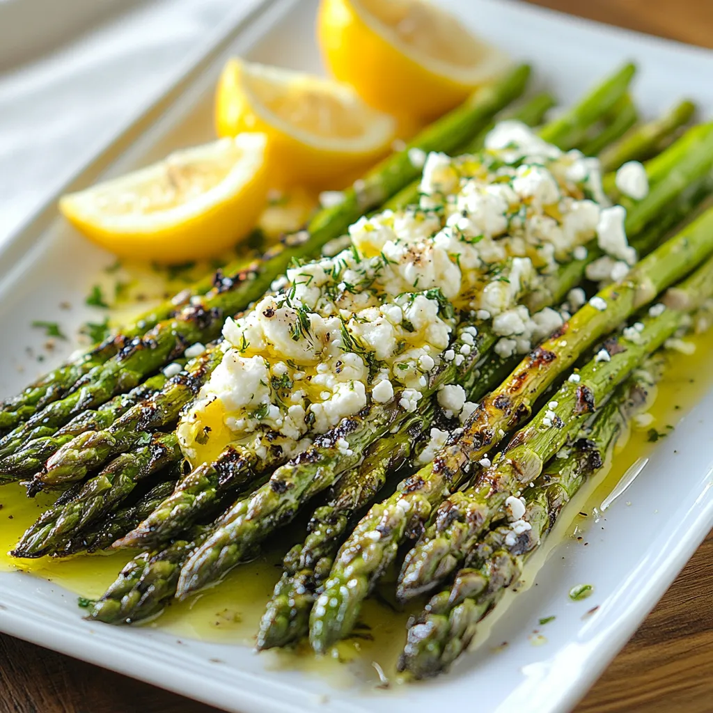 Un plato de espárragos con queso feta y limón.