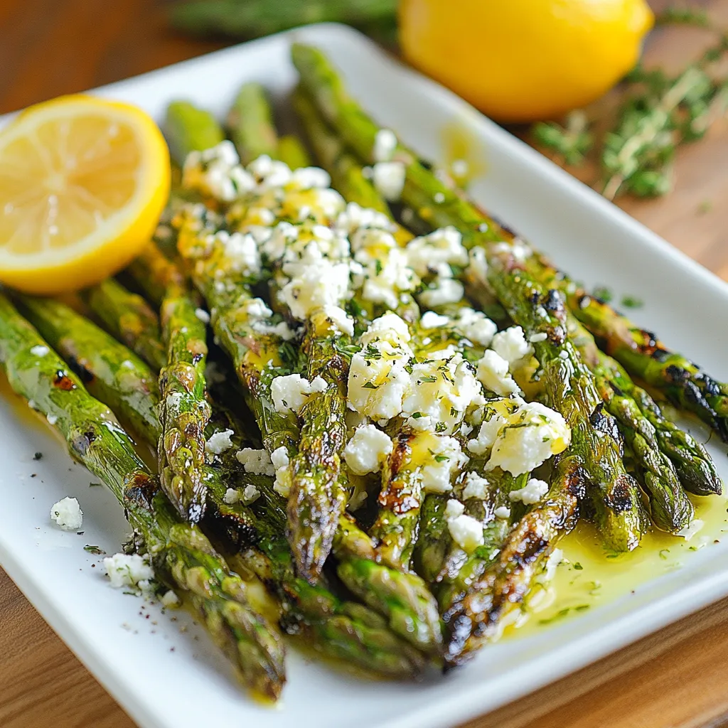 Un plato de espárragos con queso feta y limón.