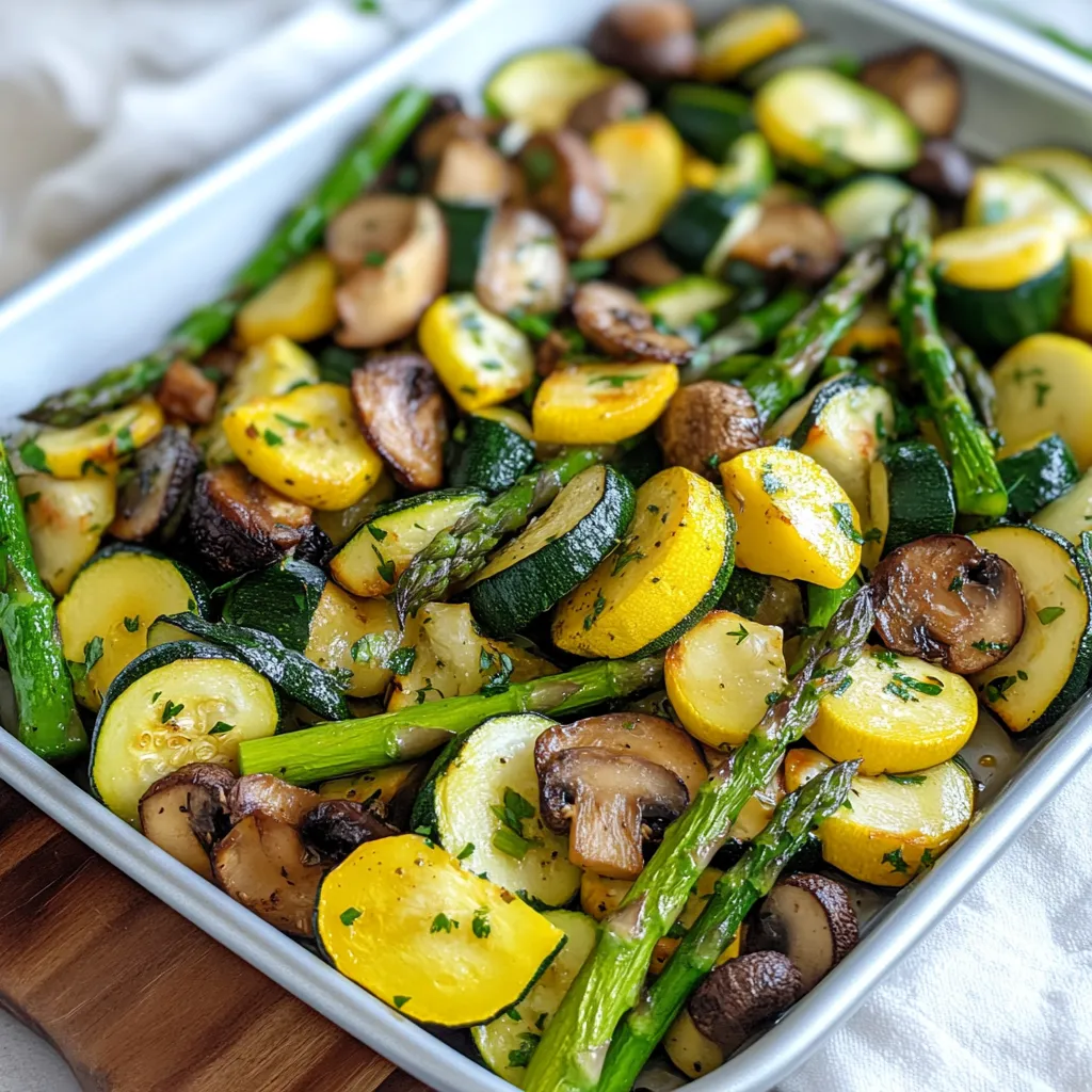 Una bandeja de verduras incluyendo calabacín, champiñones y espárragos.