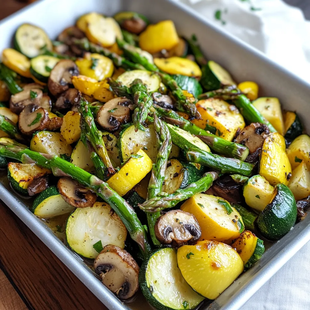 Un plato de verduras que incluye calabacín, espárragos y champiñones.