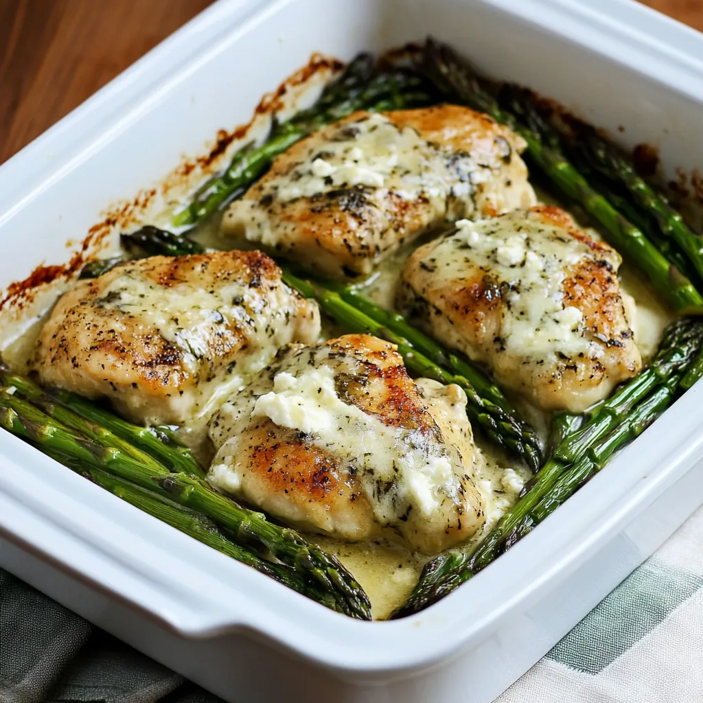 Un plato de pollo con espárragos.