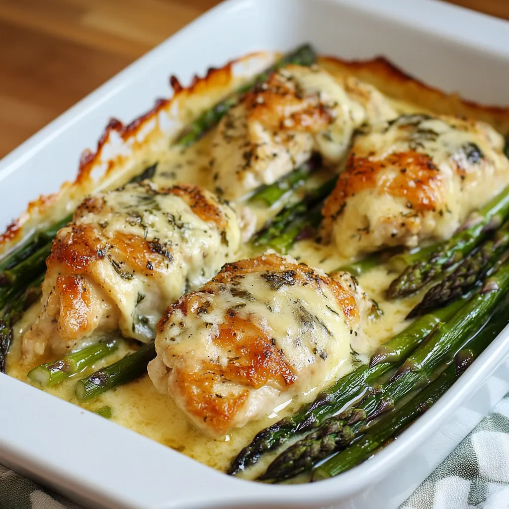 Un plato blanco lleno de pollo y espárragos.