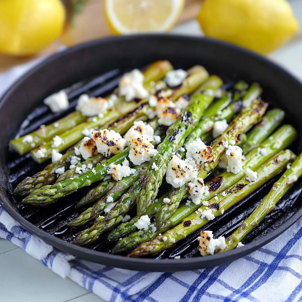 Un plato de espárragos con queso feta y limón.