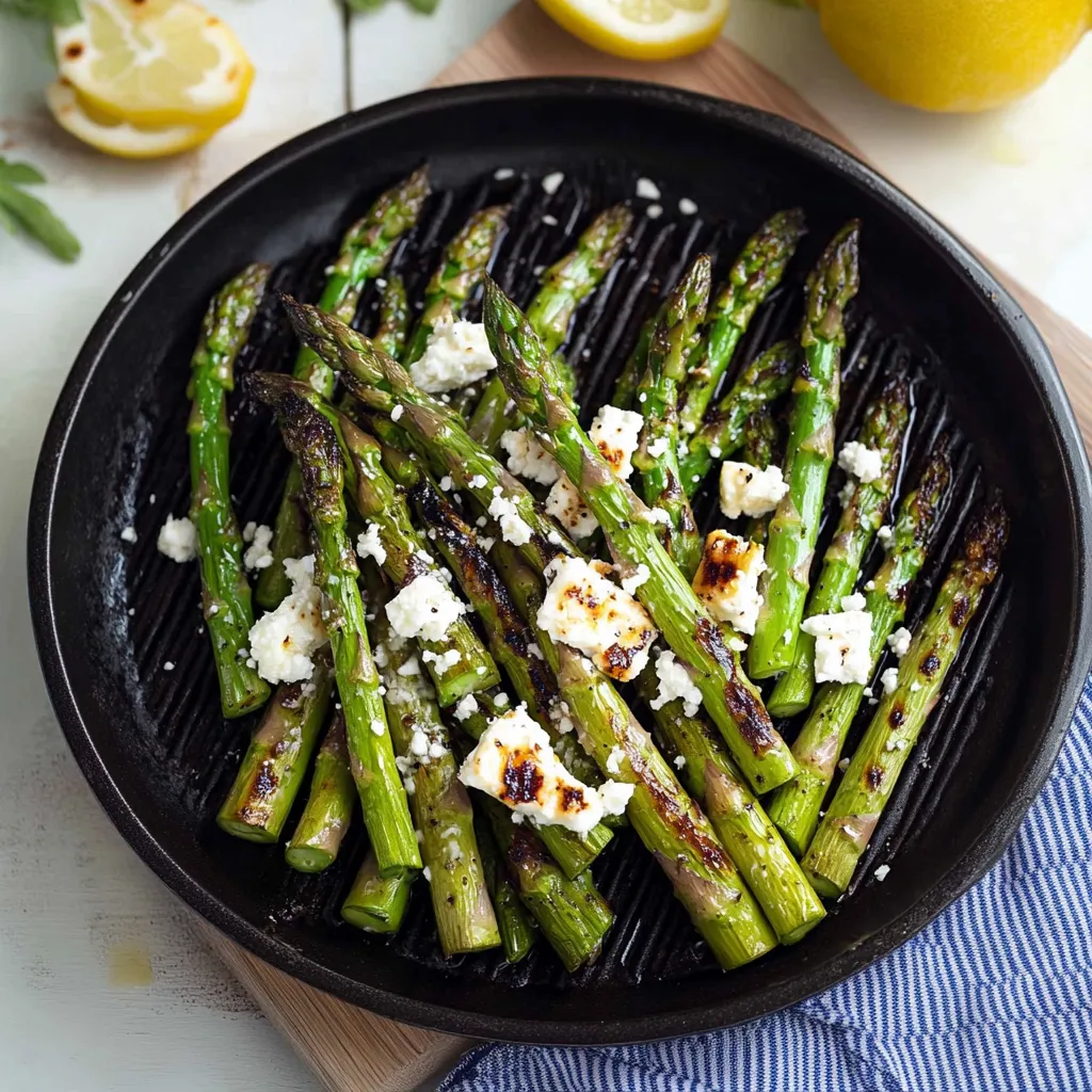 Un plato de espárragos a la parrilla con queso feta.