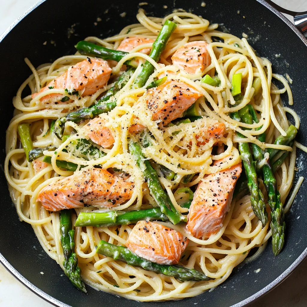 Un plato de espaguetis con salmón y espárragos.
