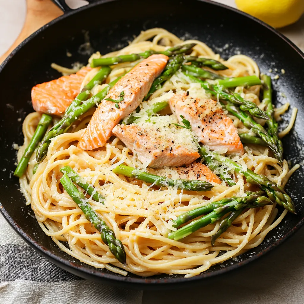 Un plato de pasta con pescado y espárragos.