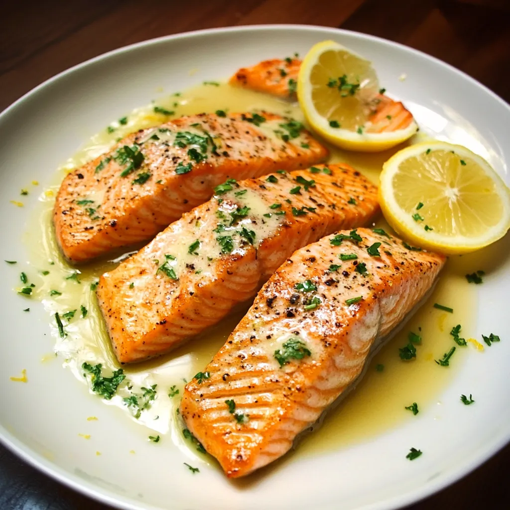Un plato de pescado con gajos de limón encima.