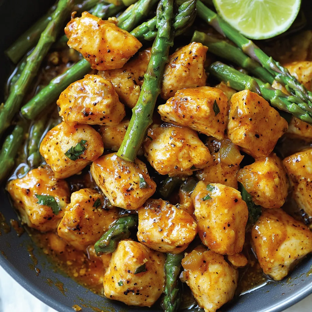 Un plato de pollo con espárragos.