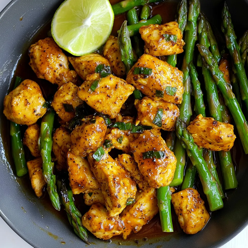 Un plato de pollo con espárragos.