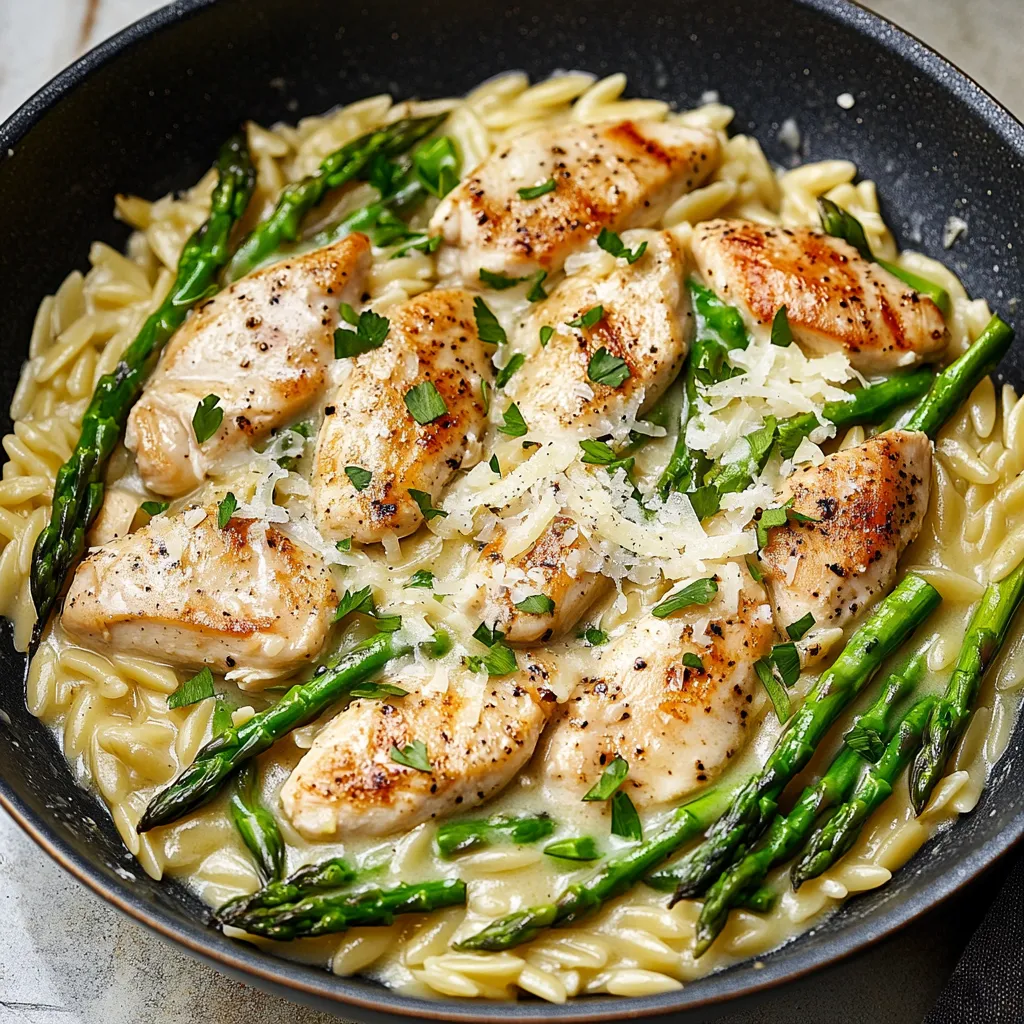Un bol de pollo con espárragos.