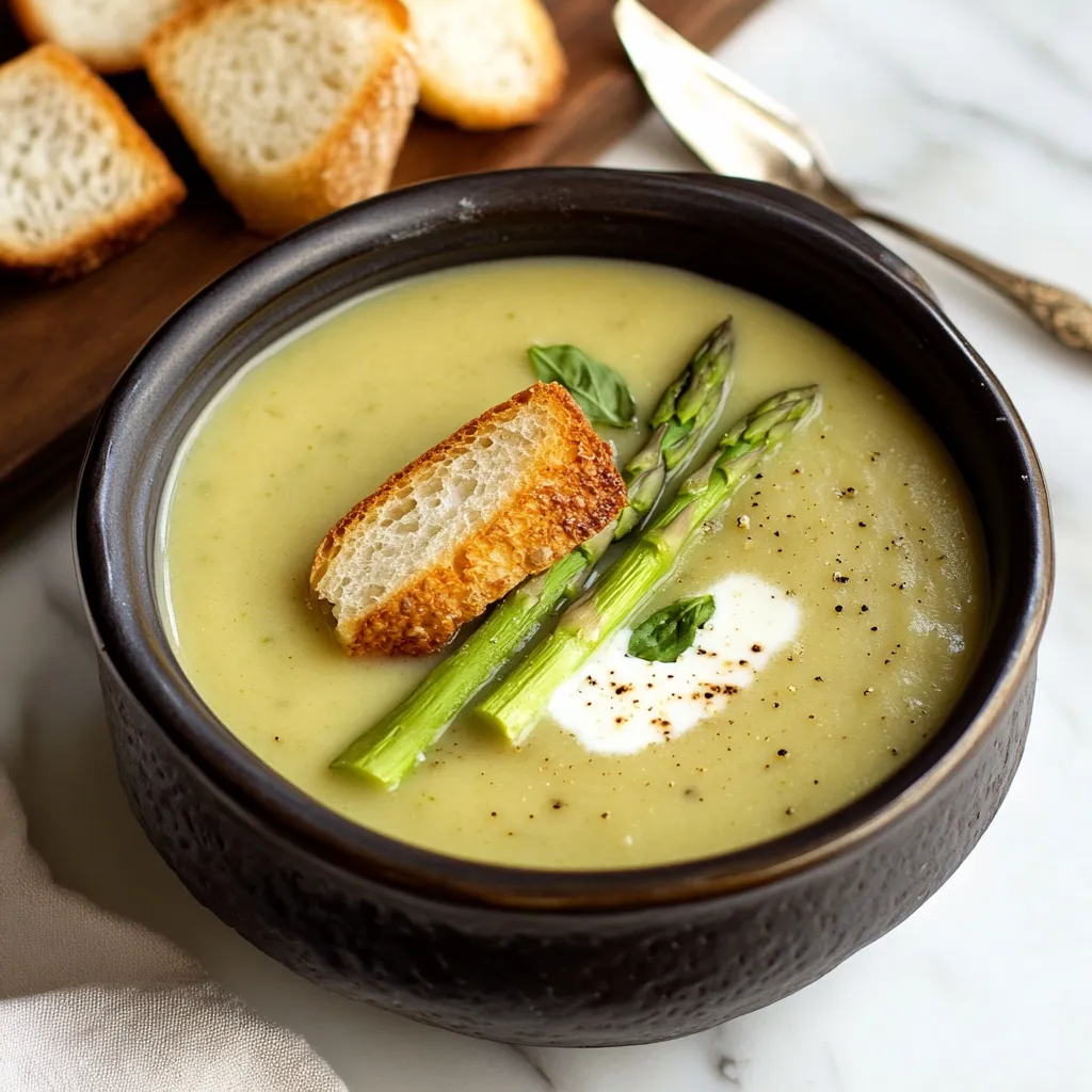 Un tazón de sopa con pan y espárragos.