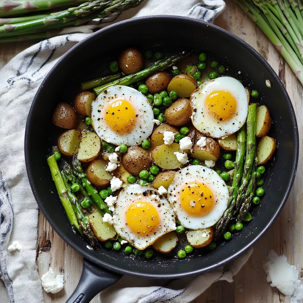Plato con huevos y espárragos al sartén.