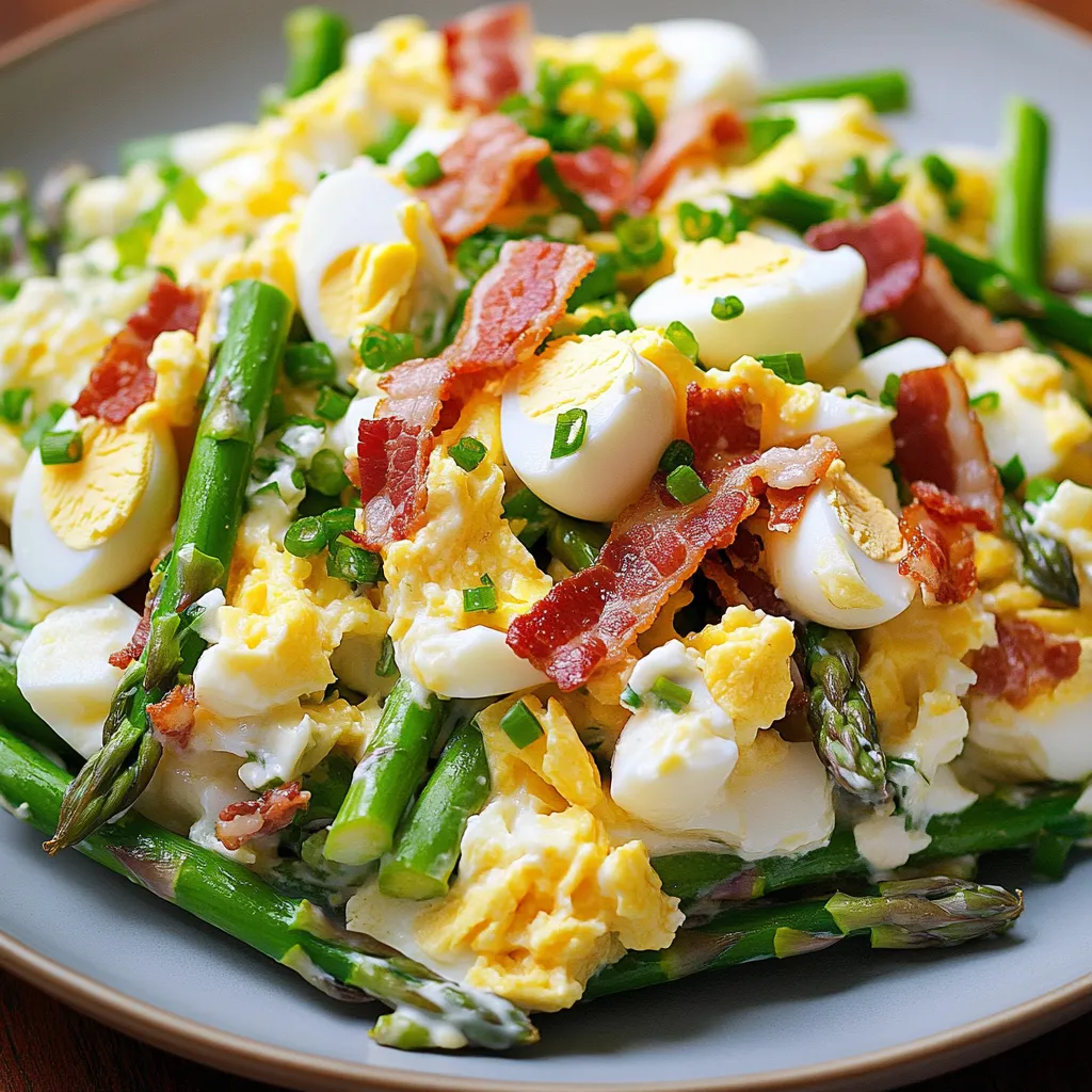 Un plato con huevos, tocino y espárragos.