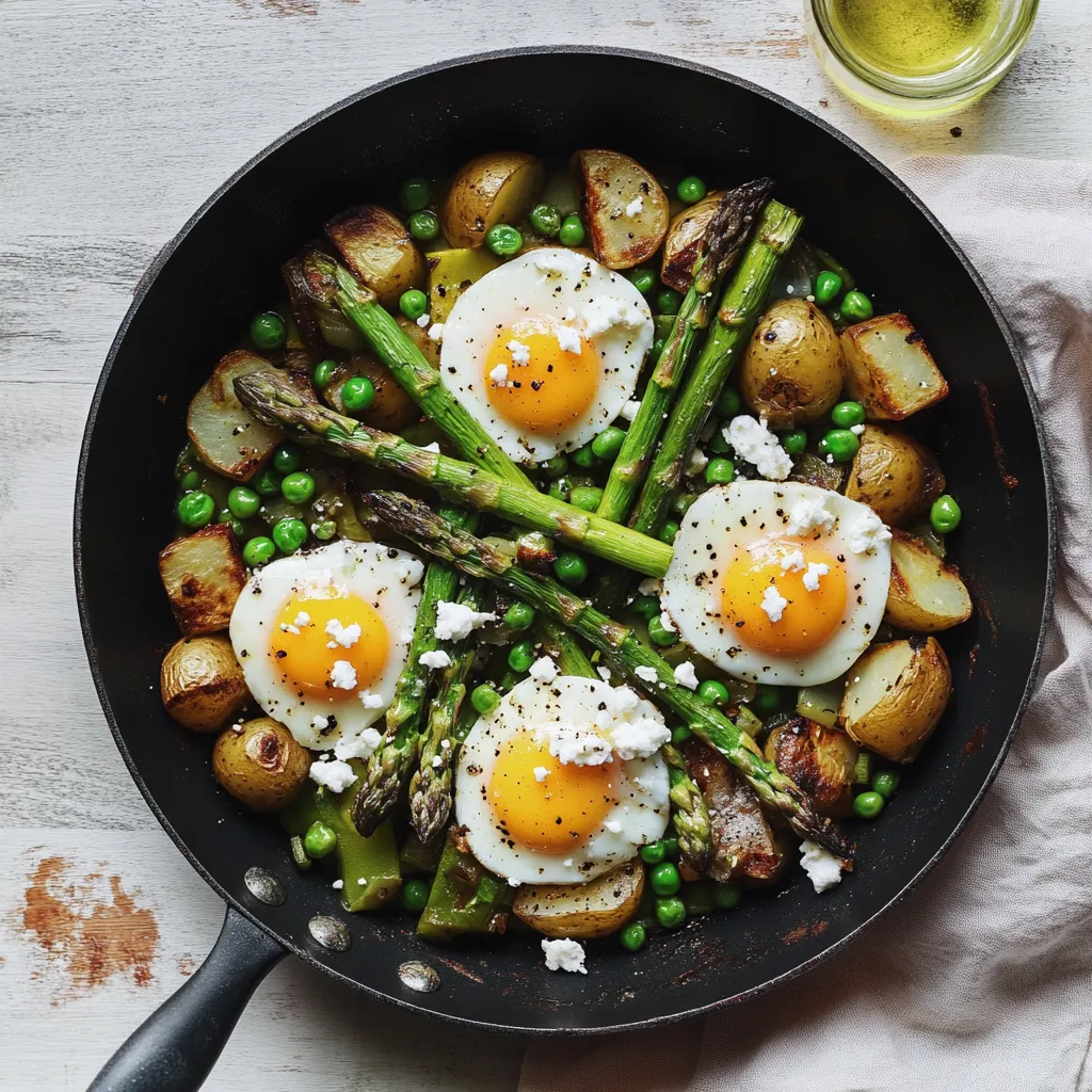 Sartén de huevos con espárragos y papas.