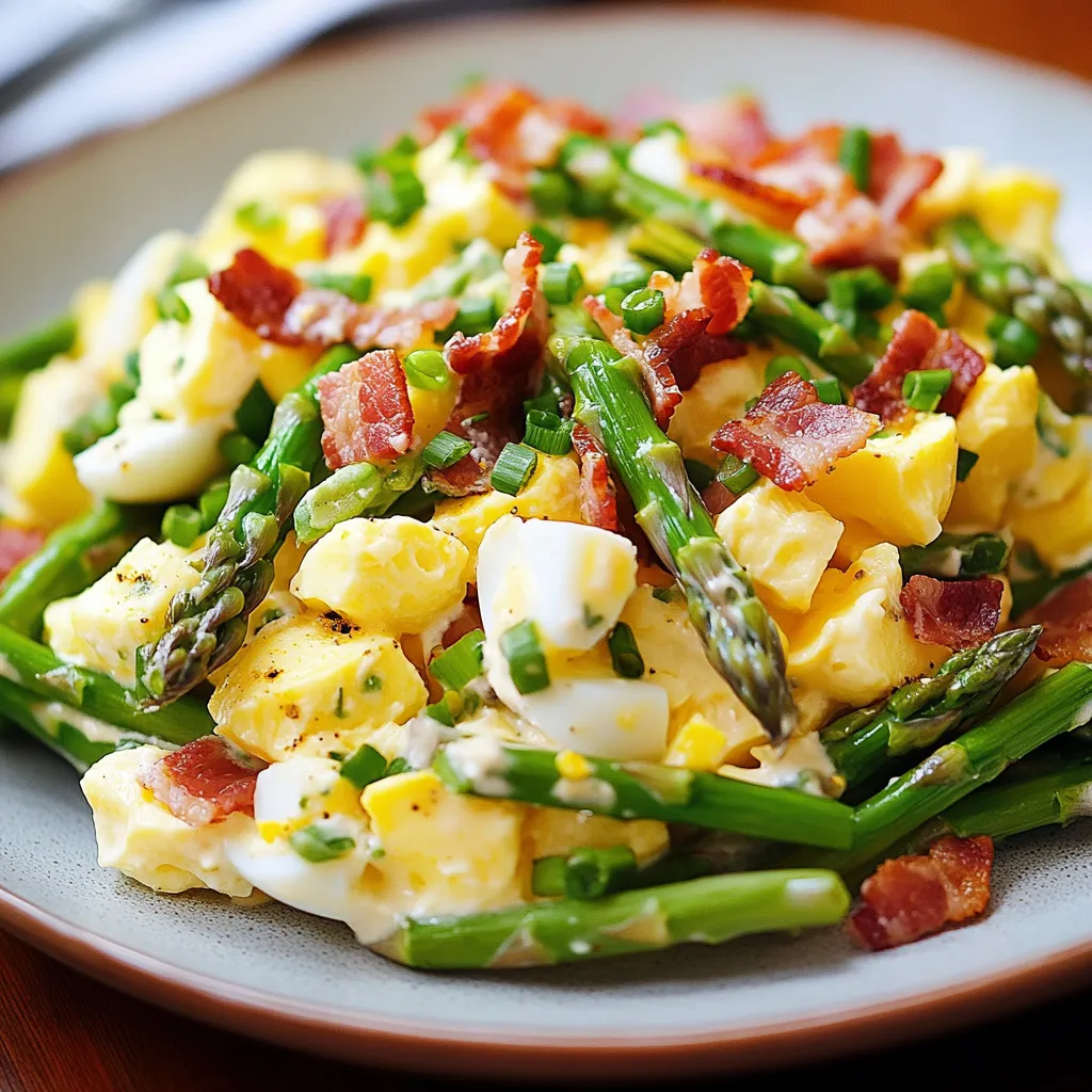 Un plato con bacón y espárragos.