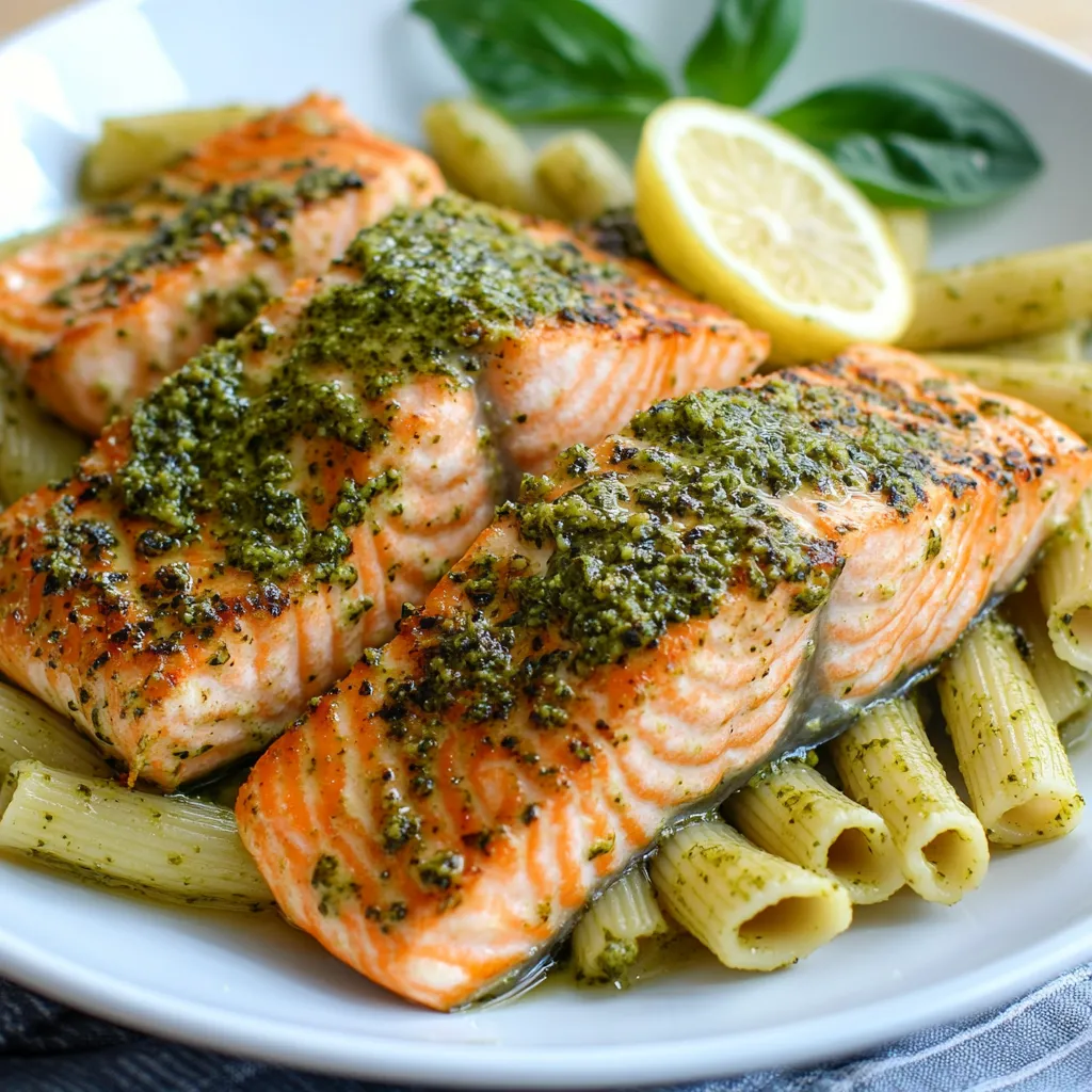 Un plato con pescado y pasta.