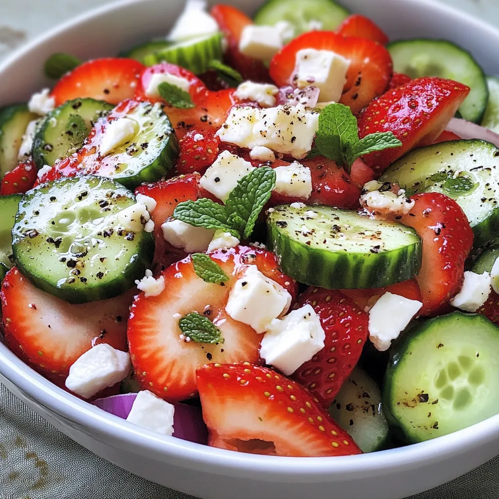 Un bol con ensalada de frutas, fresas, pepino y queso feta.