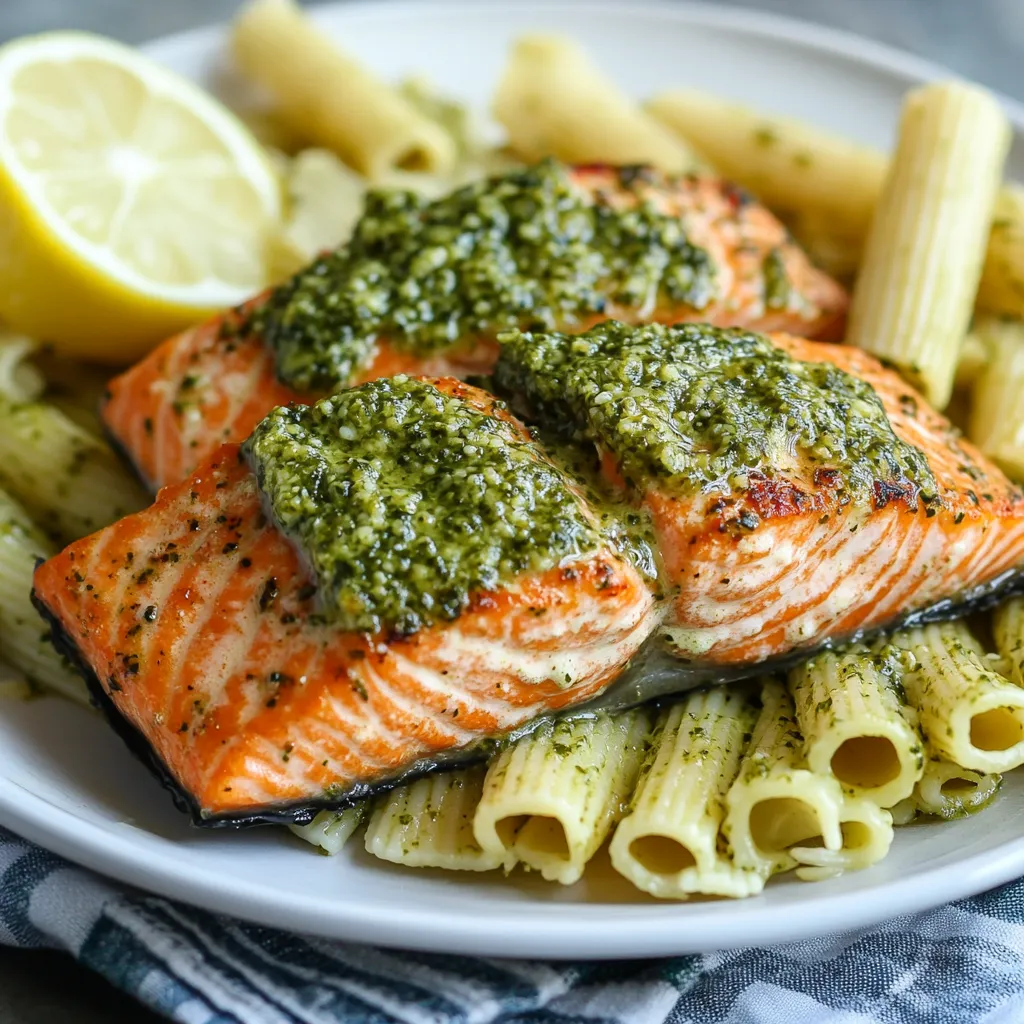 Plato servido con pescado y pasta.
