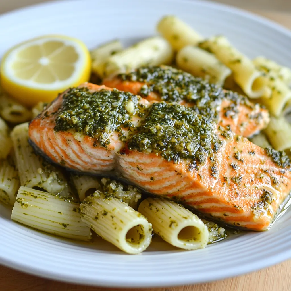 Plato de salmón con guarnición de pasta.