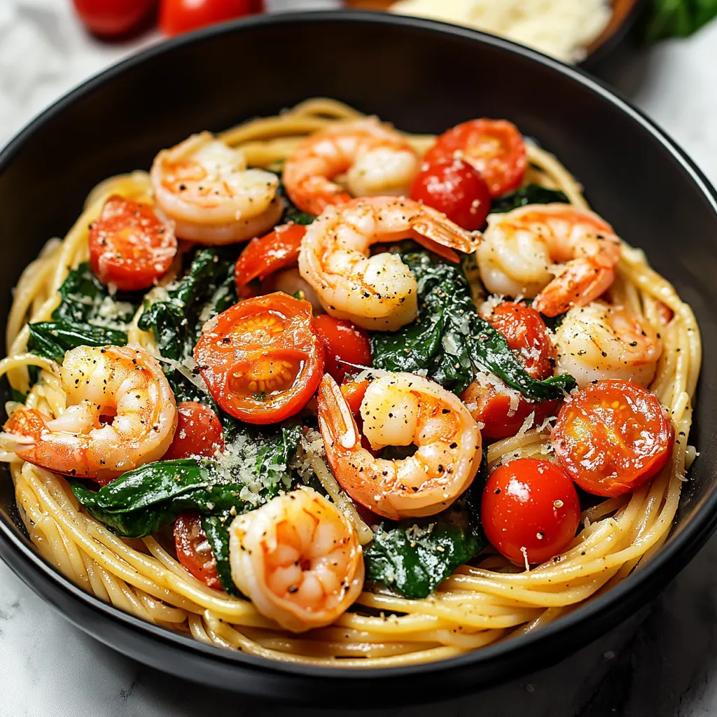 Un bol con gambas y tomates.