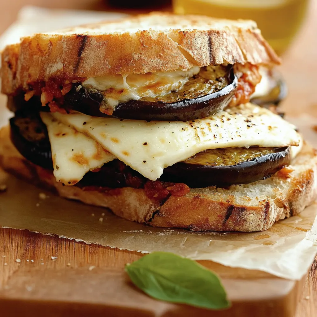 Un sándwich con berenjena, queso y tomate.