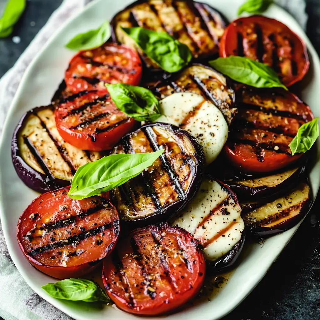 Plato de verduras a la parrilla con hojas de albahaca.