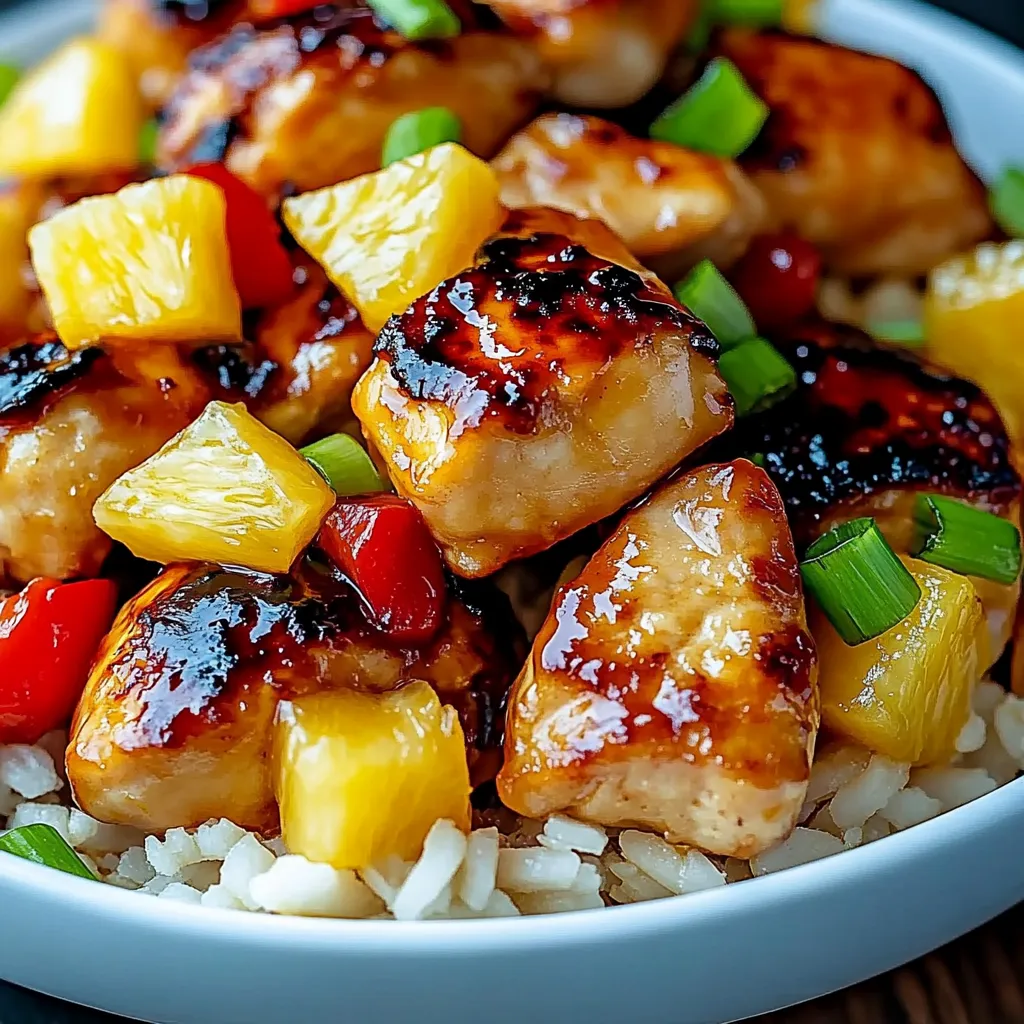 Un bol de pollo con piña.