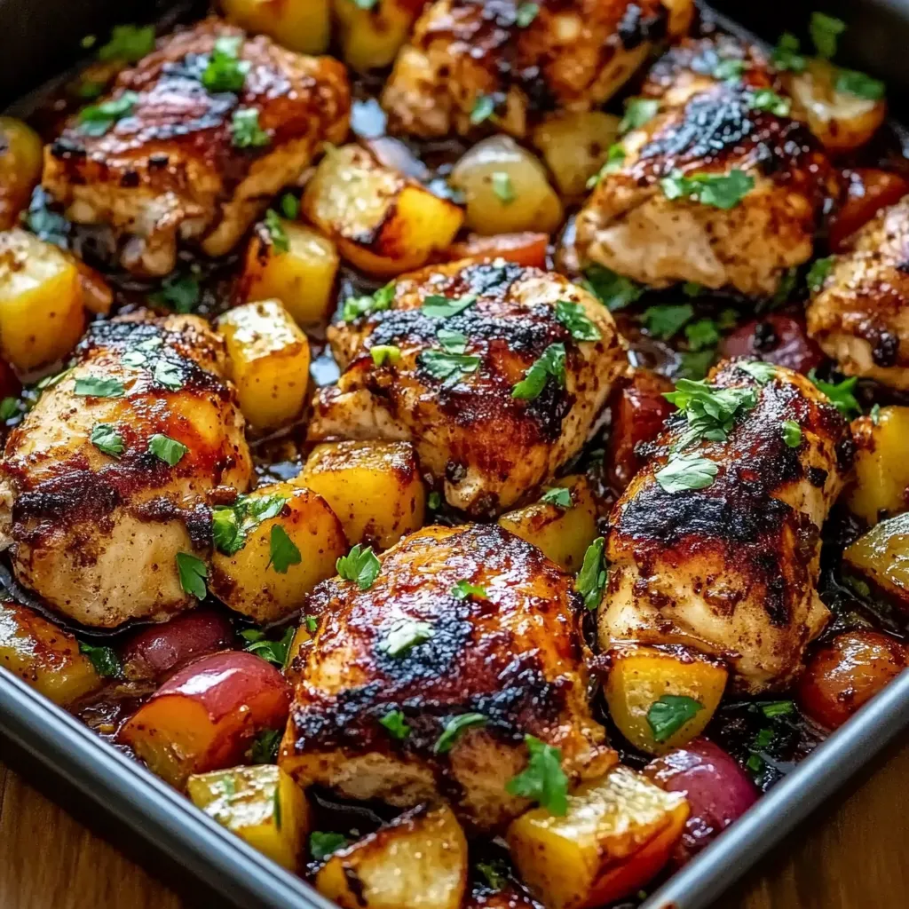 Bandeja con pollo, papas y cebollas.