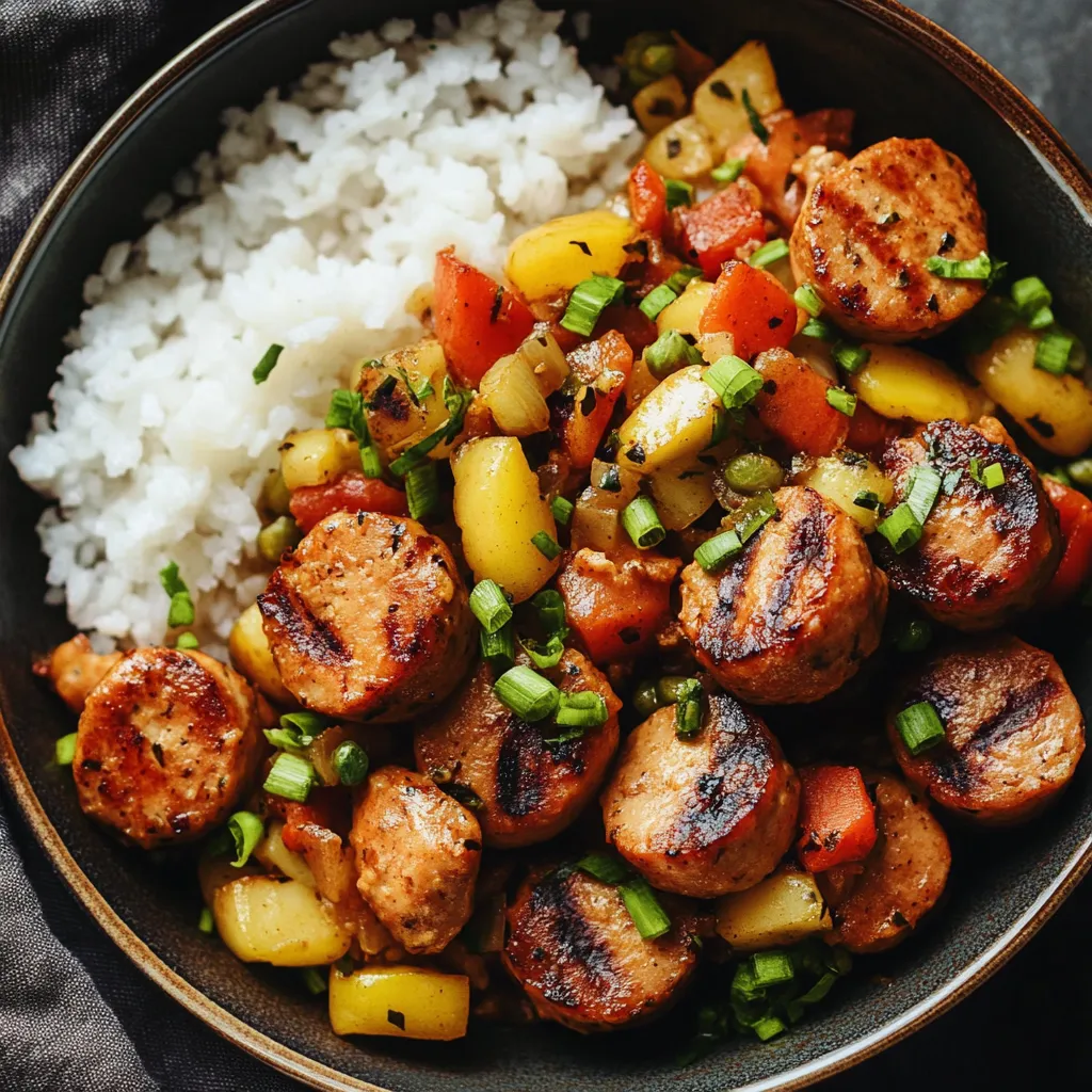 Plato con arroz y salchicha de pollo.