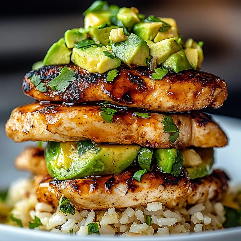 Montoncito de pollo con arroz y pedazos de aguacate.