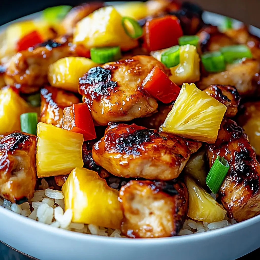Un bol de pollo con piña y pimientos.