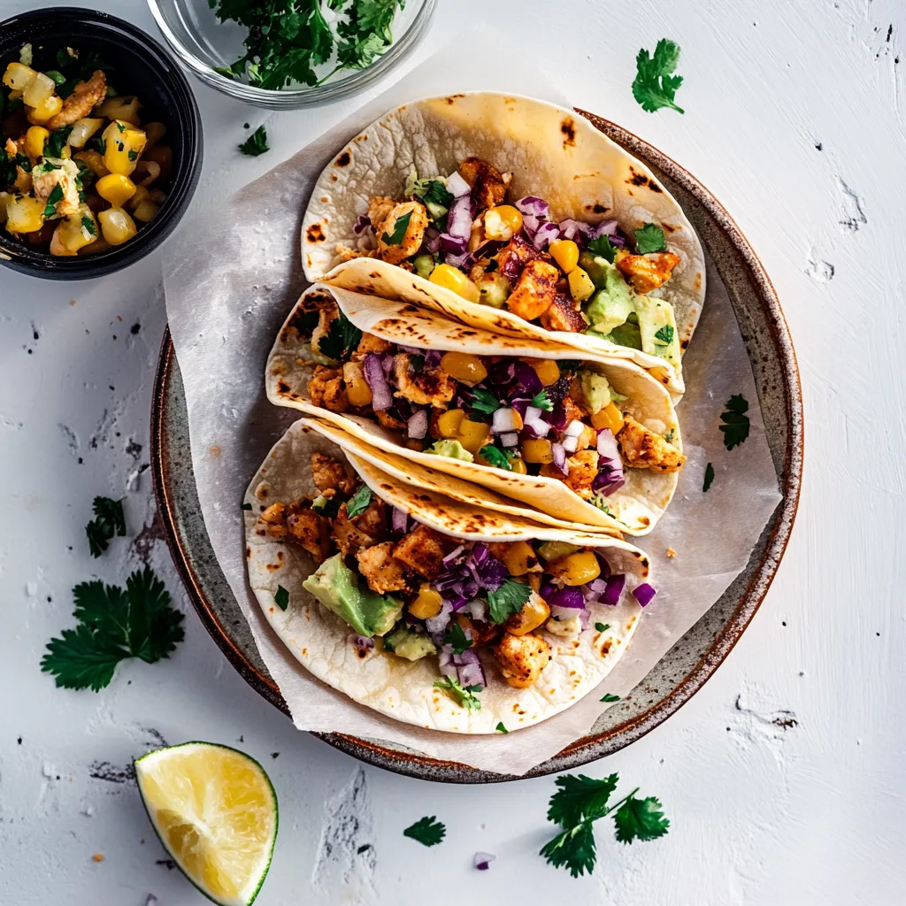 Un plato con tacos y un bol de salsa tropical.