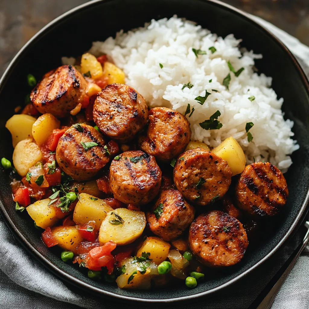 Plato con salchicha y arroz.