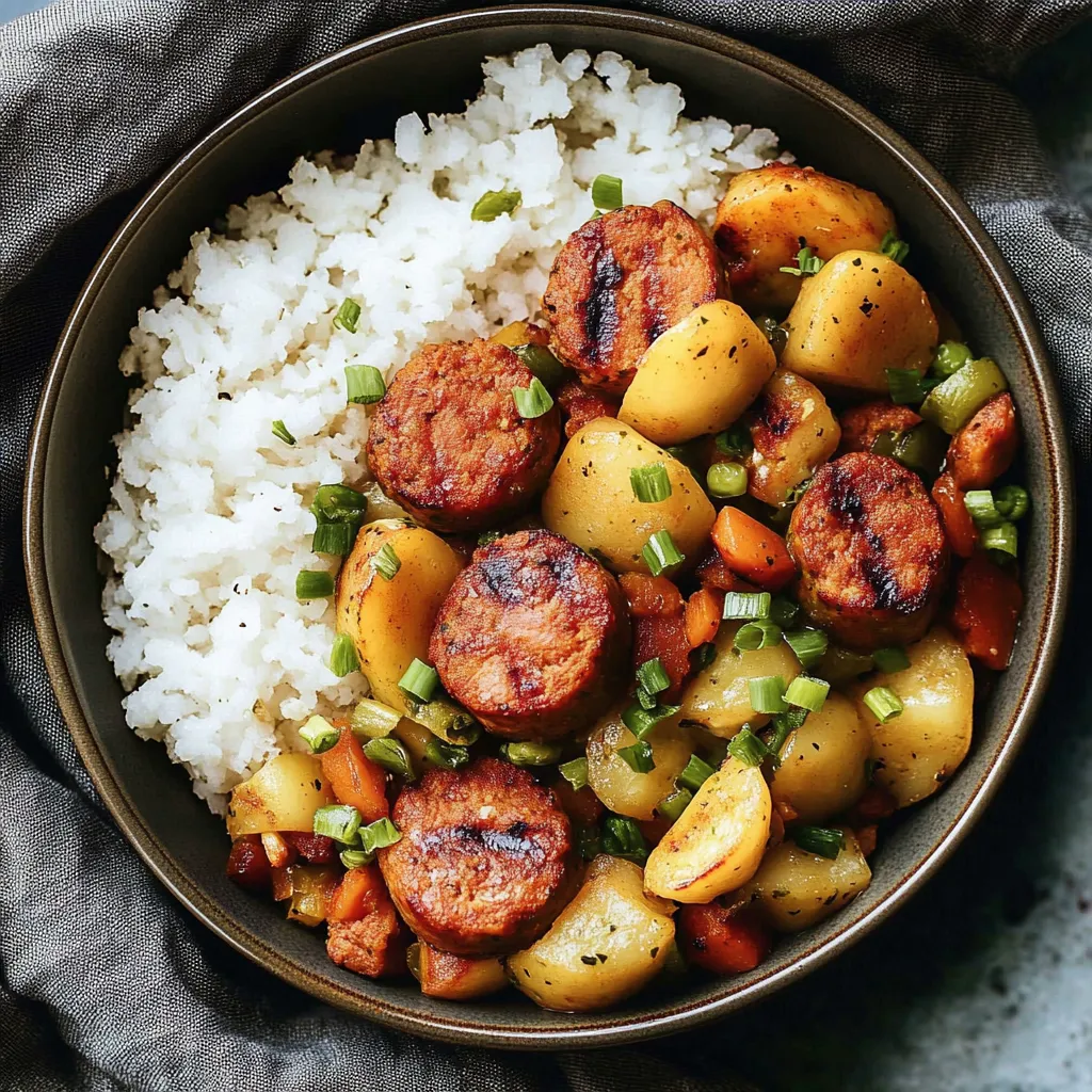 Bol con arroz y salchicha.