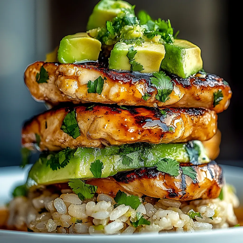 Pollo asado apilado con aguacate y cilantro.