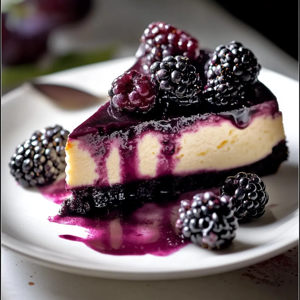 Porción de tarta de queso con moras encima.